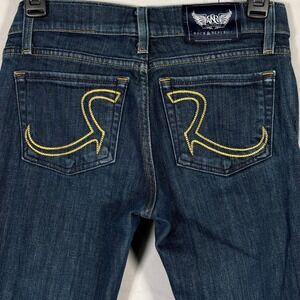 Rock & Republic Women Dark Wash Low Rise Skinny Jeans Size 26 Yellow Stitching